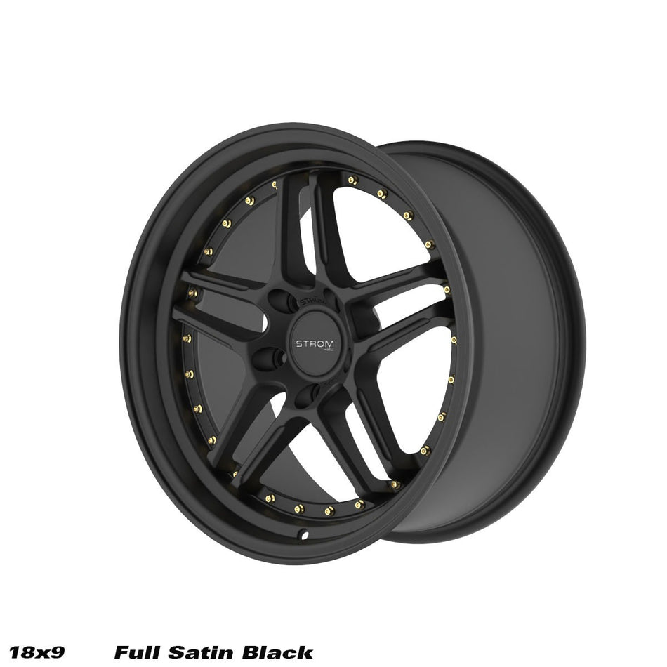 DS-05 Alloy Wheel – 18x9 ET33 5x114.3 CB73.1 Full Satin Black w/ Gold Rivets