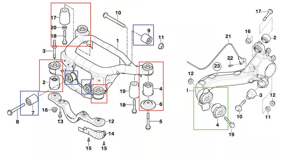 E46 Rear Subframe, Differential & Trailing Arm Polyurethane Bushings Non-M only